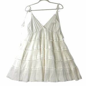 Lush White Tiered Boho Mini Dress Tassel Straps Festival Cottagecore Size L